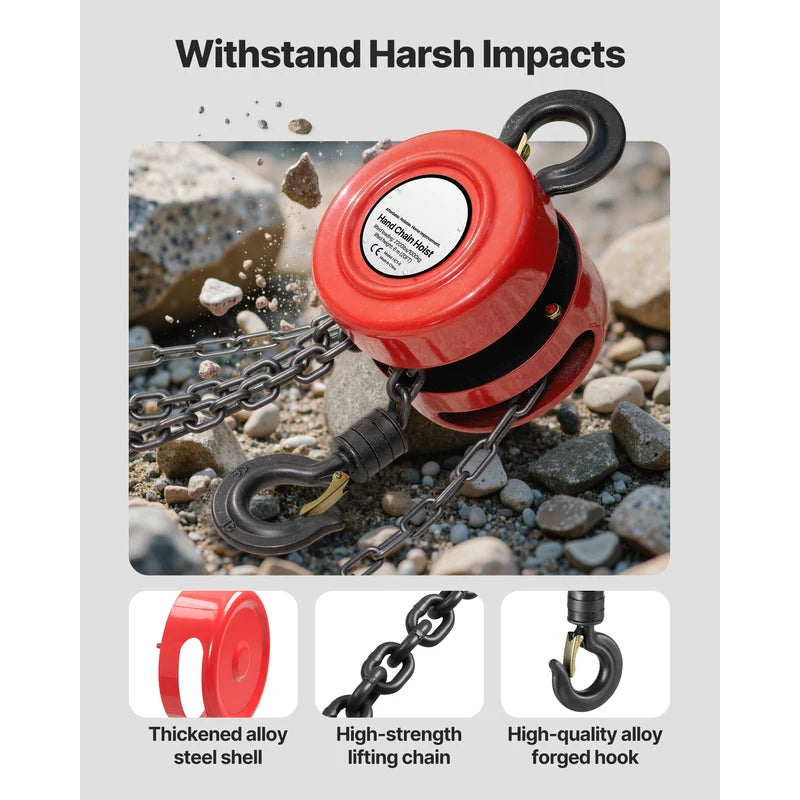 Manual Chain Hoist with 2200/4400 lbs Capacity & Adjustable Lifting Heights