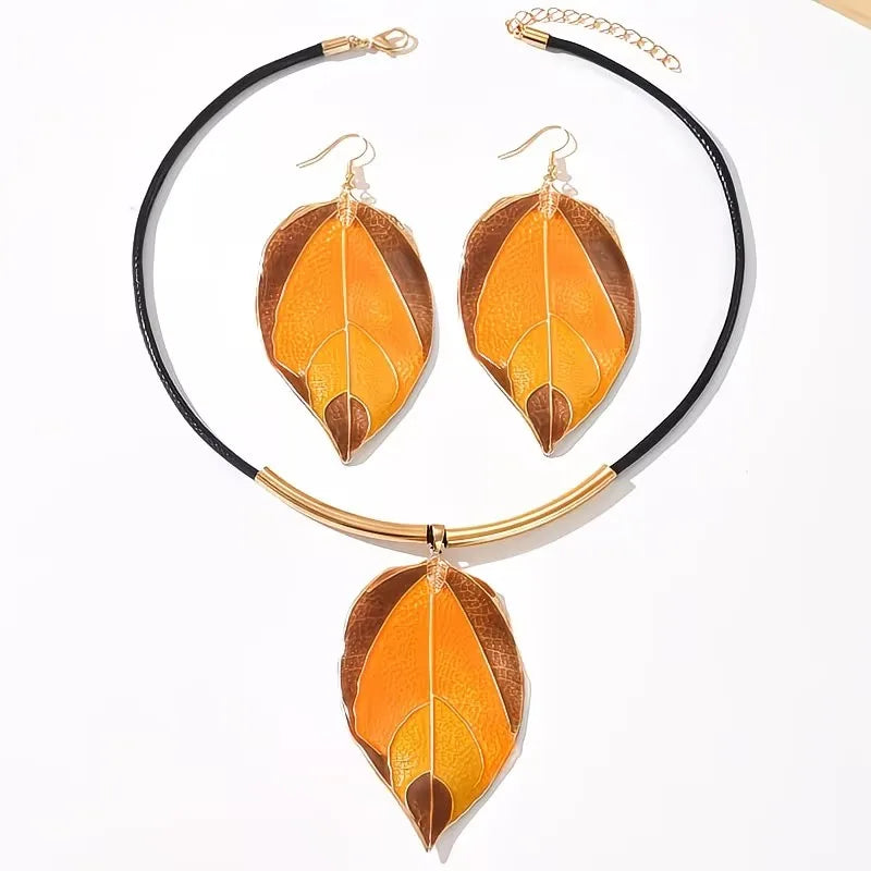 Bohemian Leaf Jewelry Set with Necklace and Earrings for Women - Vintage Layered Gift