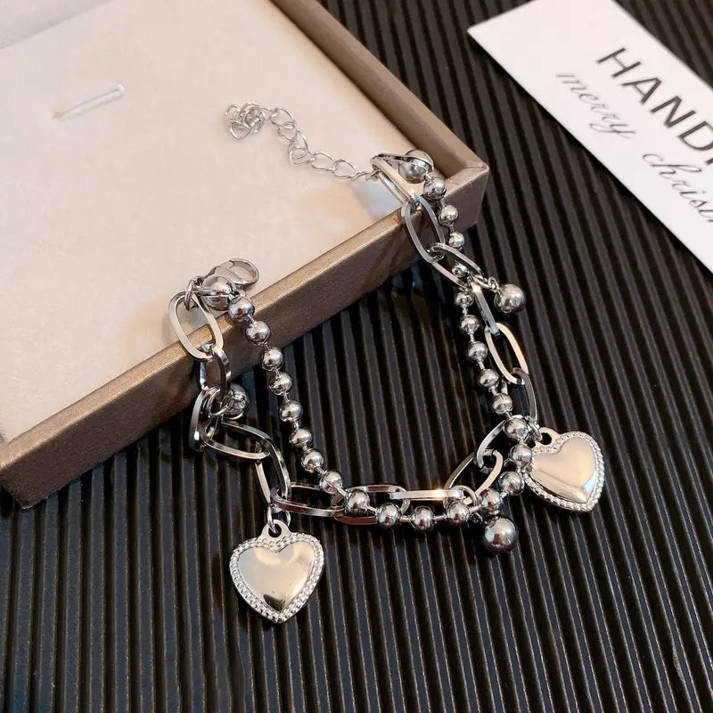 Korean Heart Tassel Bracelets for Women Double-Layer Beaded Chain Jewelry Gift