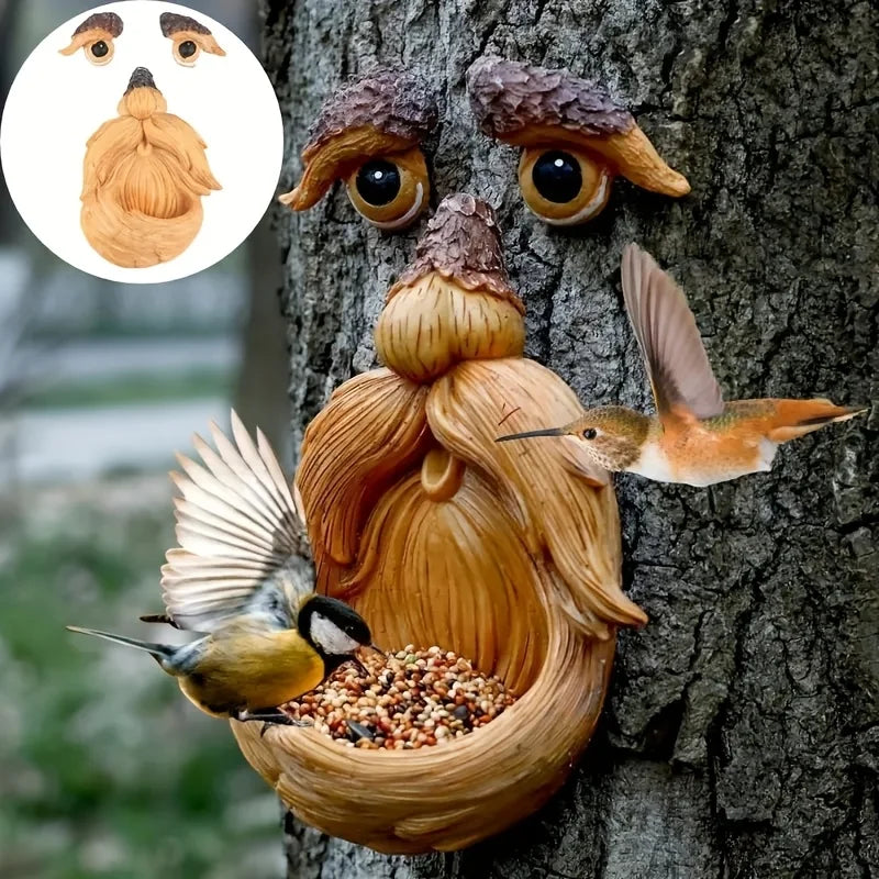 Tree Face Decor Bird Feeder with Glowing Eyes Outdoor Yard Garden Sculpture