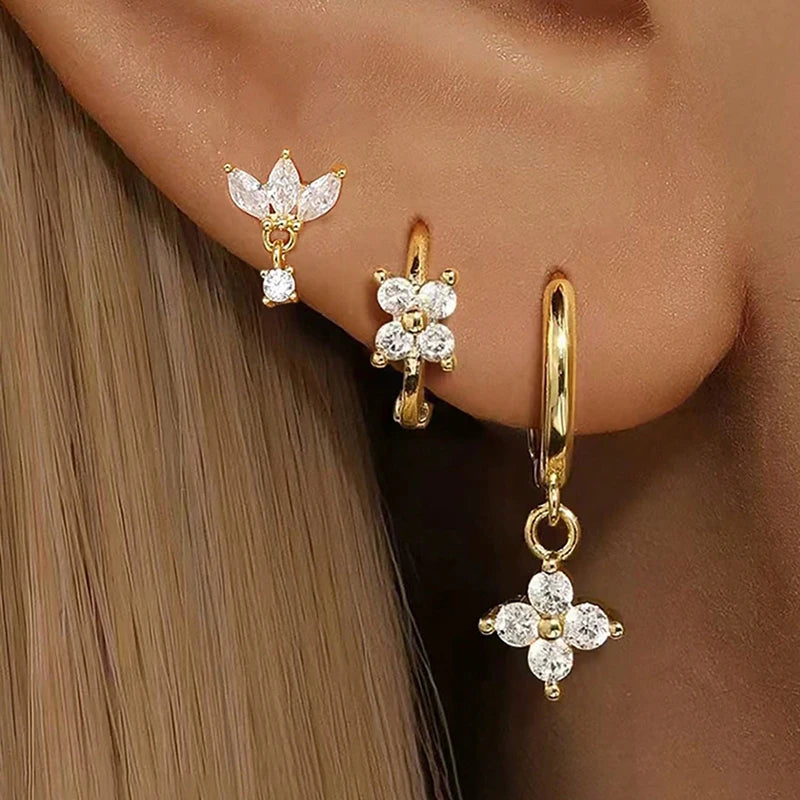 3PCS Stainless Steel Zircon Flower Earring Set for Women Hypoallergenic Jewelry