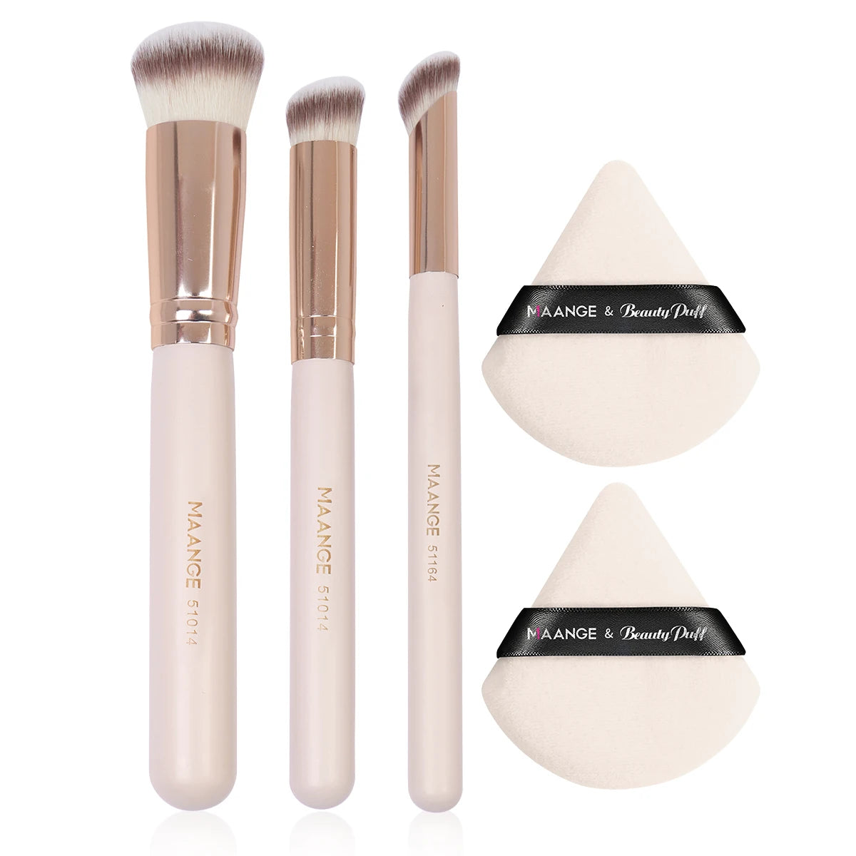 Makeup Brush & Powder Puff Set - 3 Brushes + 2 Triangle Sponges for Foundation, Blending, Concealer