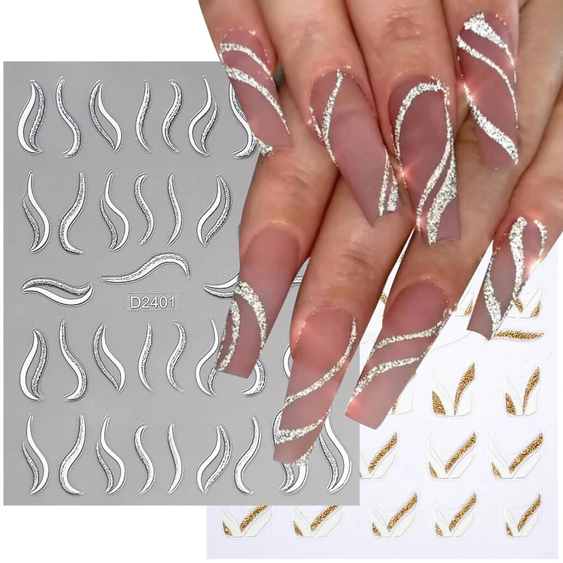 French Nail Stickers with Gold Silver Stripes Waves Ribbons Reflective Powder Decals