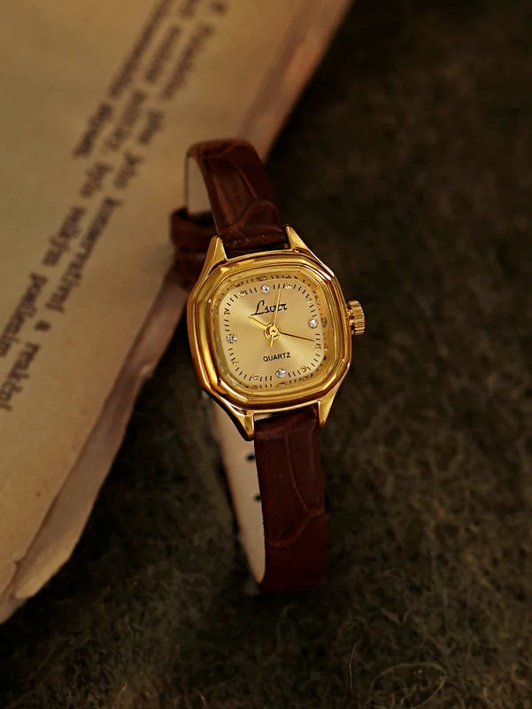 Mini Gold Square Dial Women's Wristwatch - Vintage-Style, Water-Resistant with Leather Band