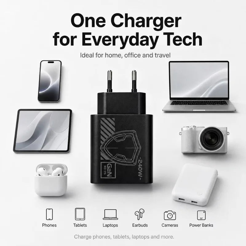 240W GAN Multi-Port Travel Charger with EU/US Plugs & 1M Braided USB C Cable