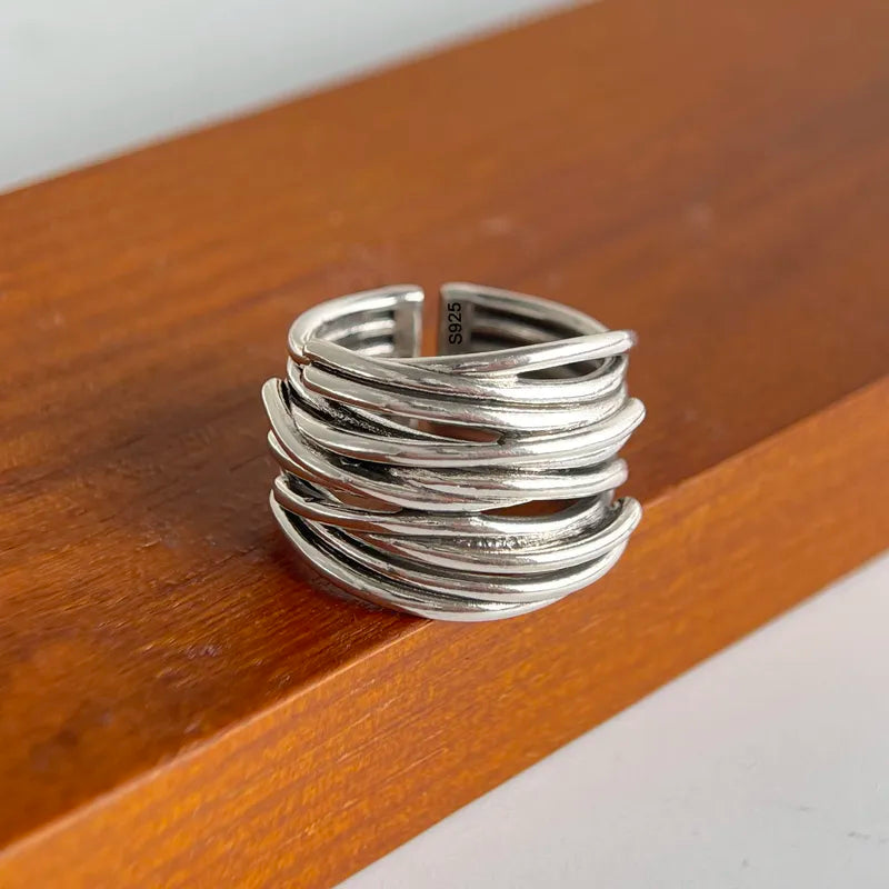 925 Sterling Silver Geometric Adjustable Ring for Women - Flower Hollow Design