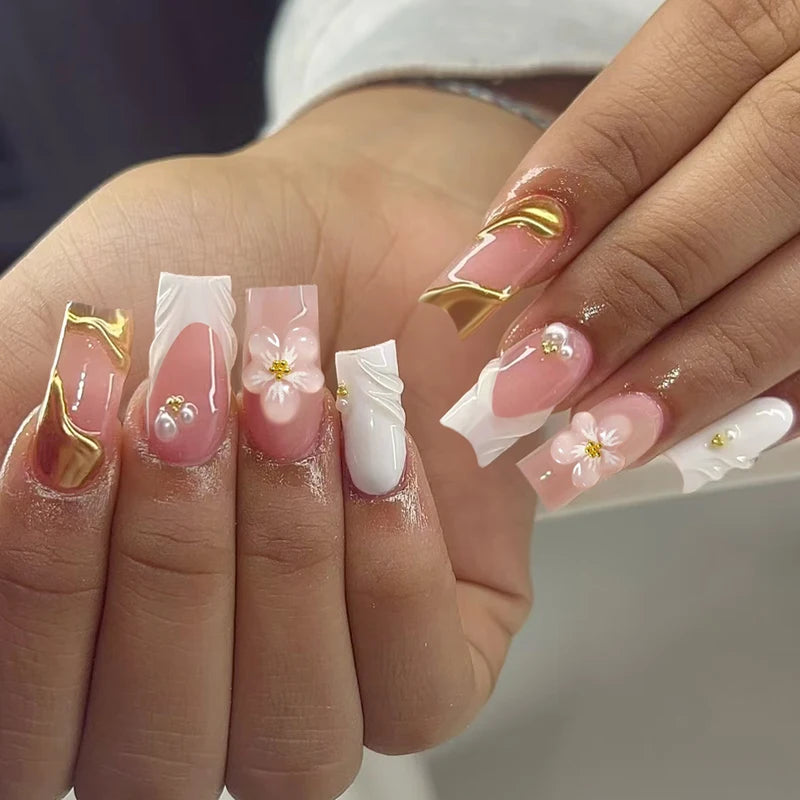 24Pcs Long Square 3D Gel Nail Art Set with Pearl Decor for French Acrylic Press-On Nails