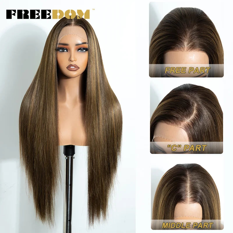 Pre-Plucked Synthetic Lace Front Wig for Black Women 30 Inch Ombre Brown Straight Hair