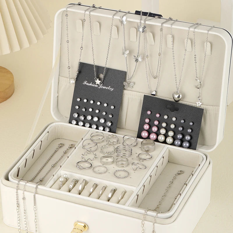 Vintage Jewelry Set with Imitation Pearls and Zircon Butterfly Pendant Earrings Necklace Ring Bracelet for Women