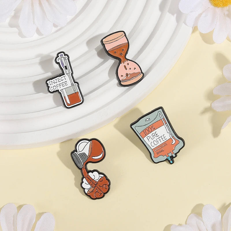 Medical Coffee Bag Pin Brooch - Brain Inject Key To Survival Lapel Jewelry