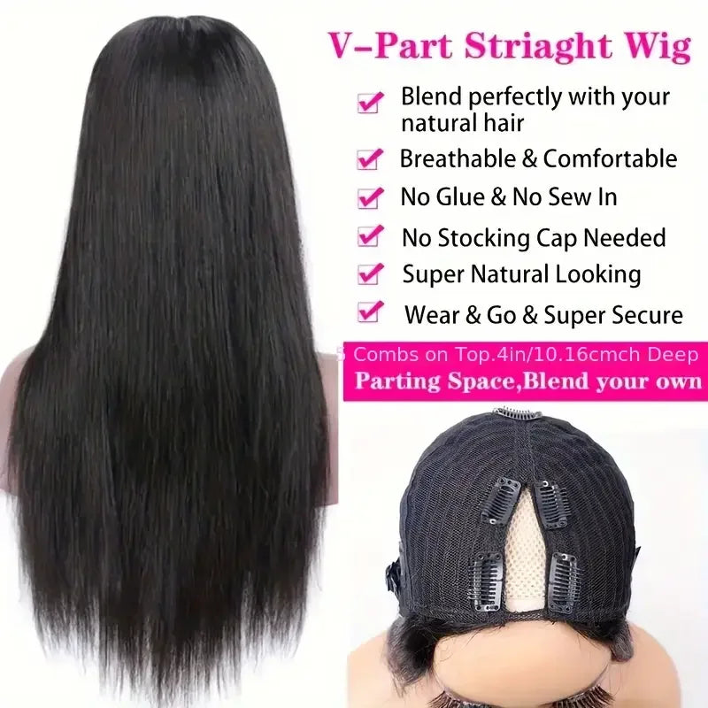 Human Hair V Part Wig 24-28in Straight 200% Density Natural Black