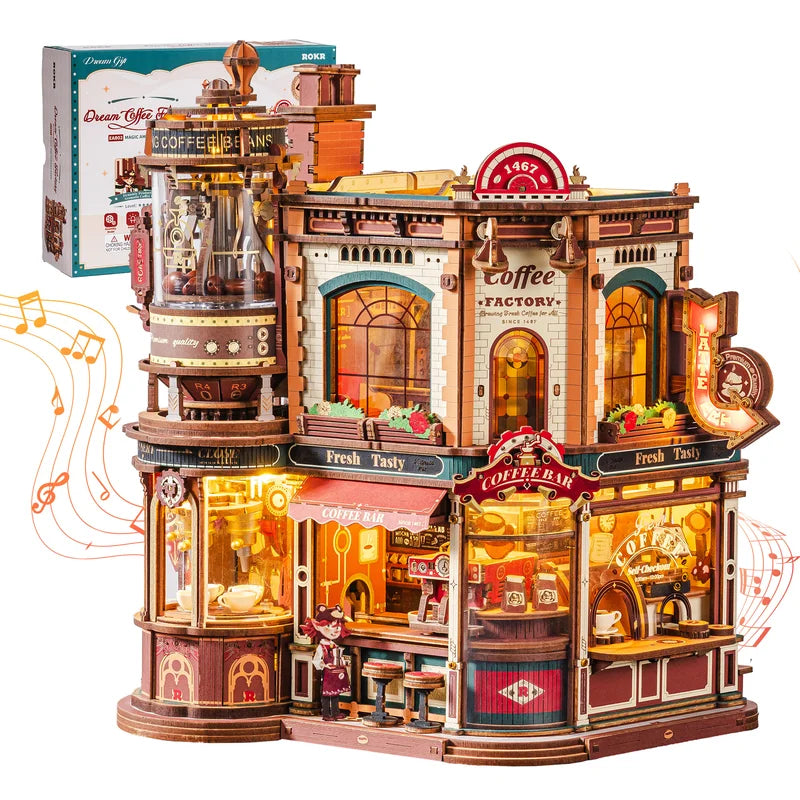 Wooden 3D Puzzle Coffee Factory Music Box Kit with LED Lights - DIY Model for Adults