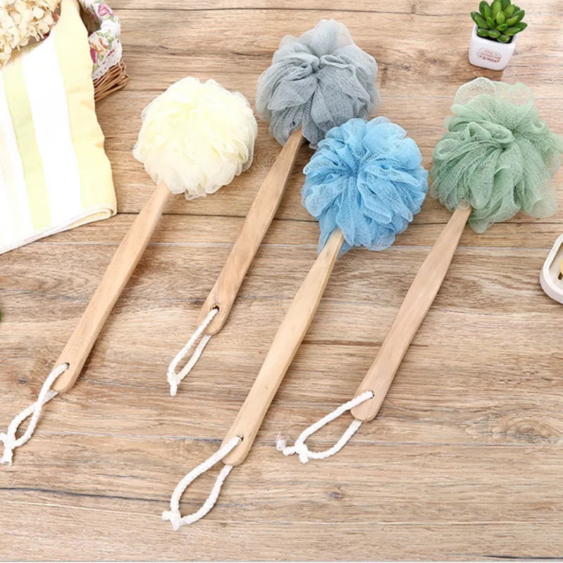 Wooden Handle Bath Brush with Soft Mesh Back Scrubber for Exfoliating & Body Cleaning