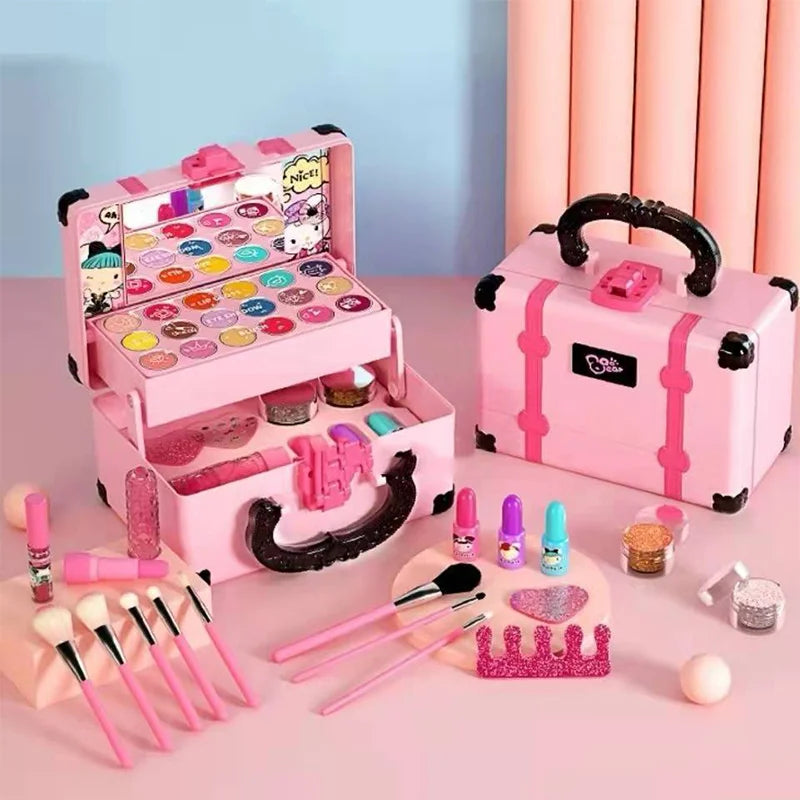 Kids Pretend Makeup Set with Lipstick Eyeshadow and Cosmetic Bag - Safe Non-Toxic Toy