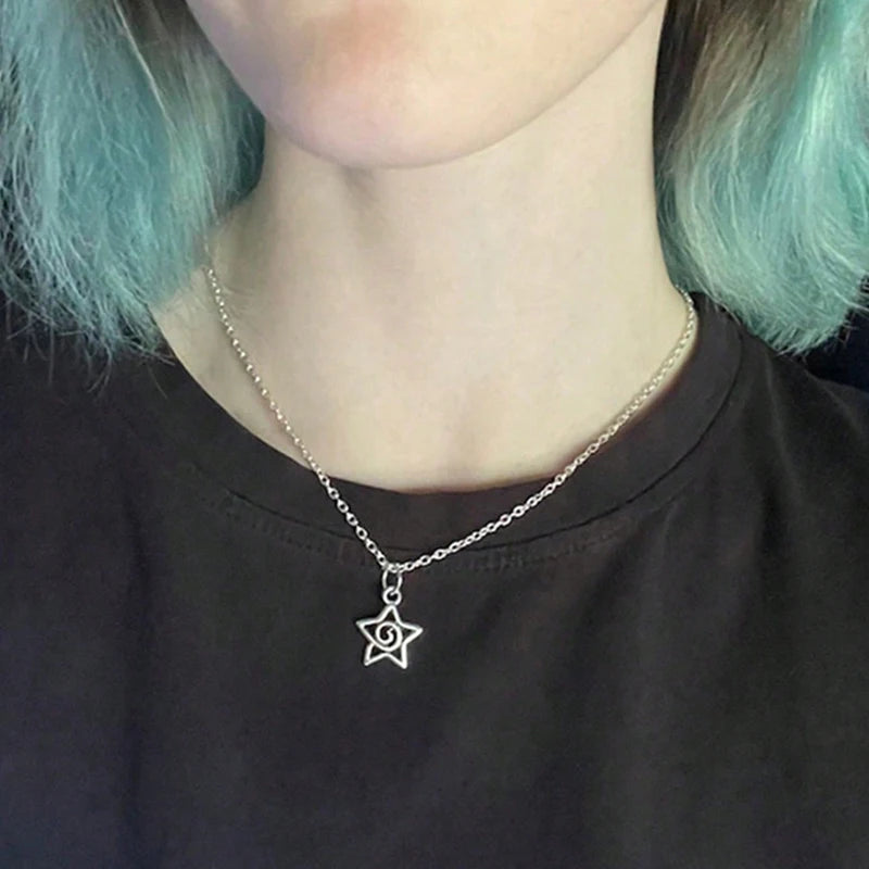 Y2K Silver Star Pendant Necklace for Women Aesthetic Jewelry Gift