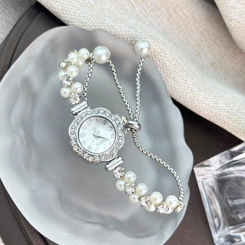 Luxury Double-Row Pearl Quartz Watch with Diamond-Encrusted Case for Ladies