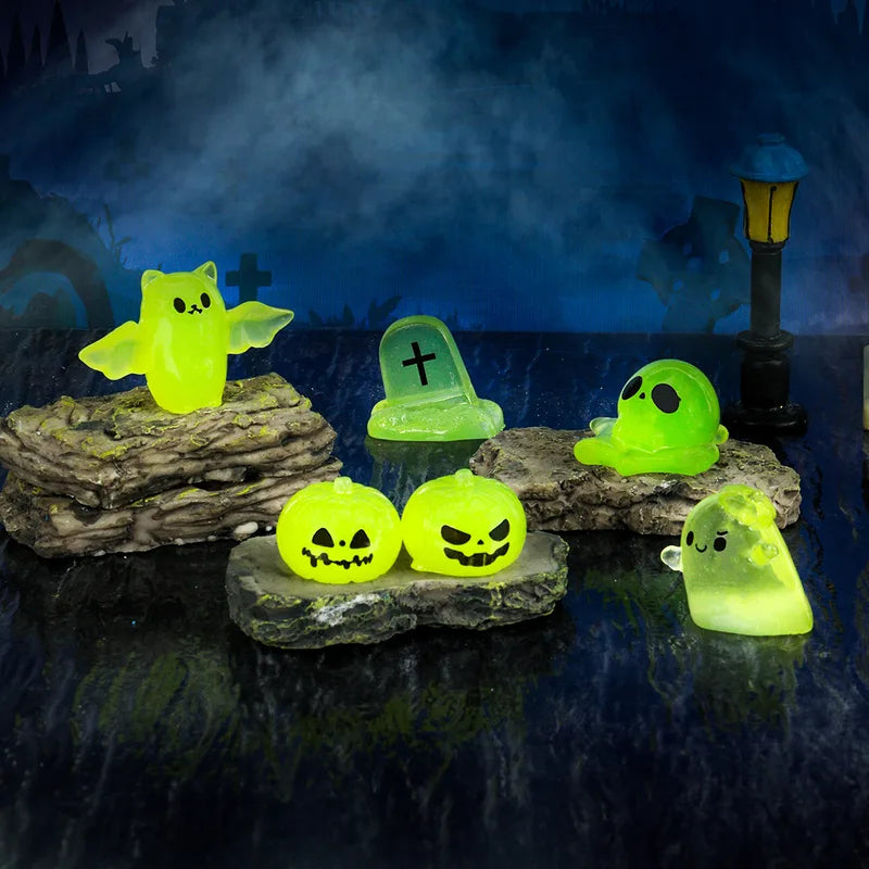 12pcs Mini Luminous Halloween Figurines - Cat Ghost Pumpkin Bat Skull Glow in Dark Micro Landscape Decorations