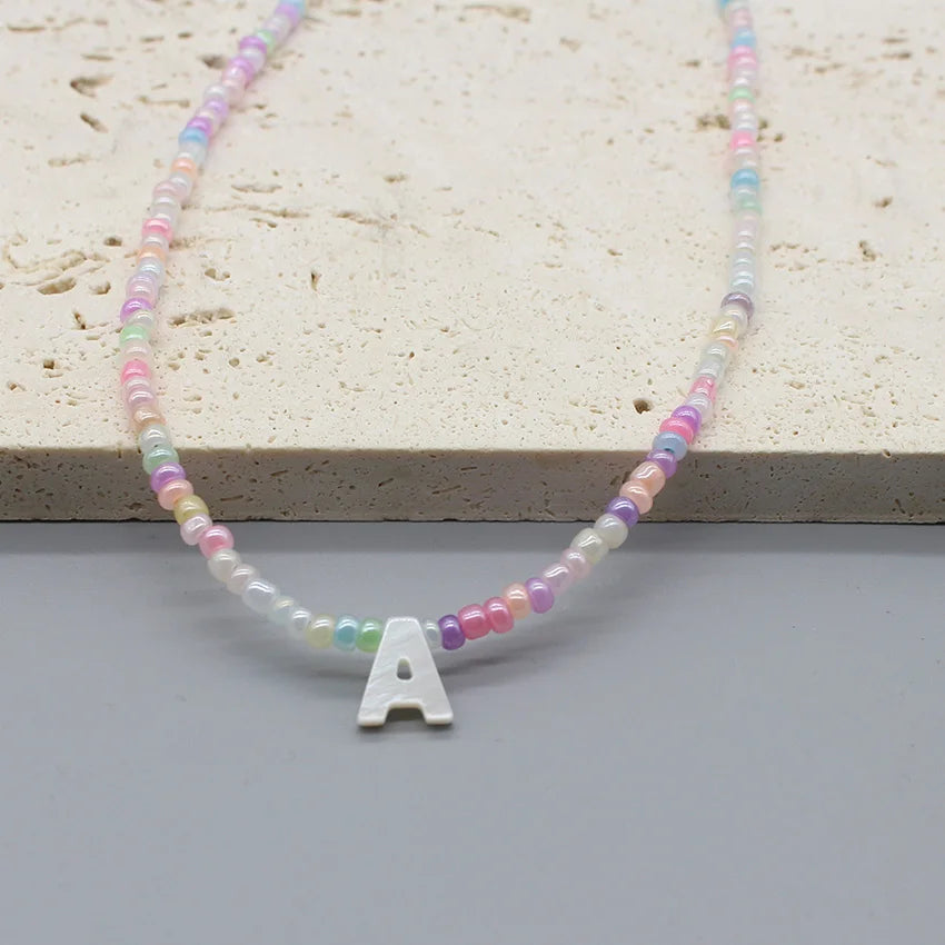 Colorful Seed Beads & Shell Letter Heart Necklace Boho Pendant Jewelry for Women