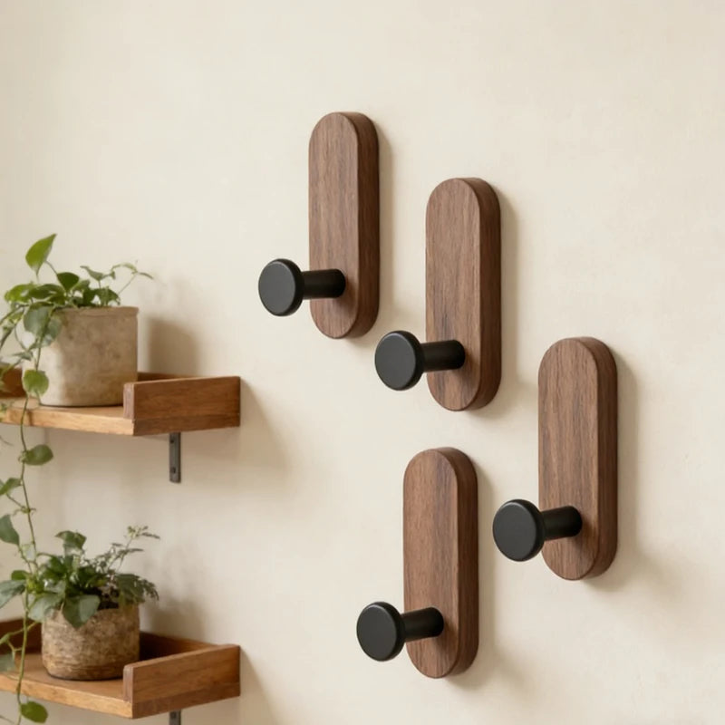 Self-Adhesive Wooden Wall Hook for Hanging Keys Coats Towels Bags - Pack of 1-5
