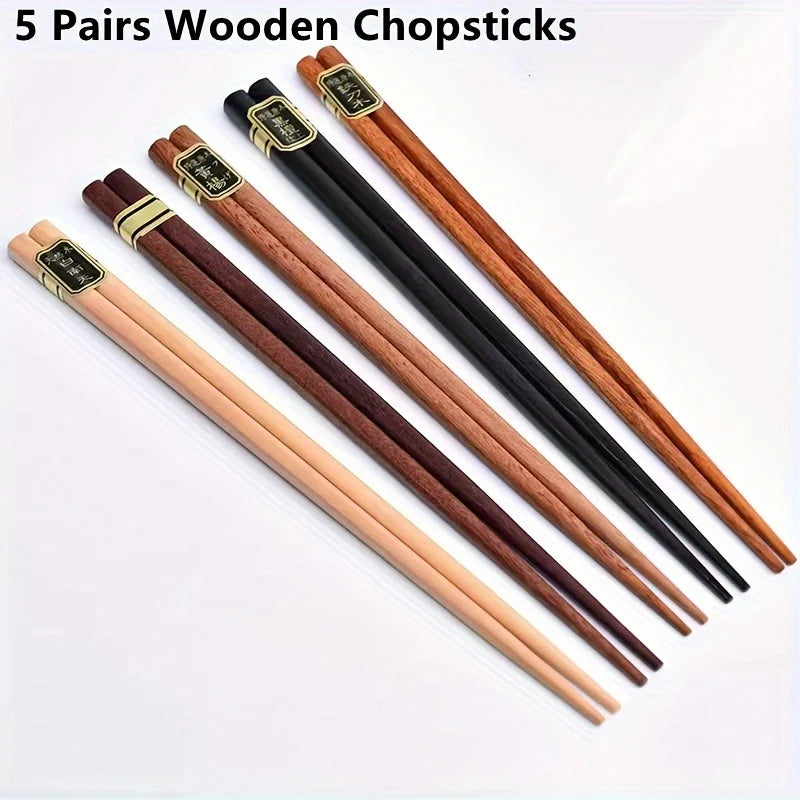 Reusable Wooden Chopsticks 5 Pairs Natural Tableware Kitchen Utensils
