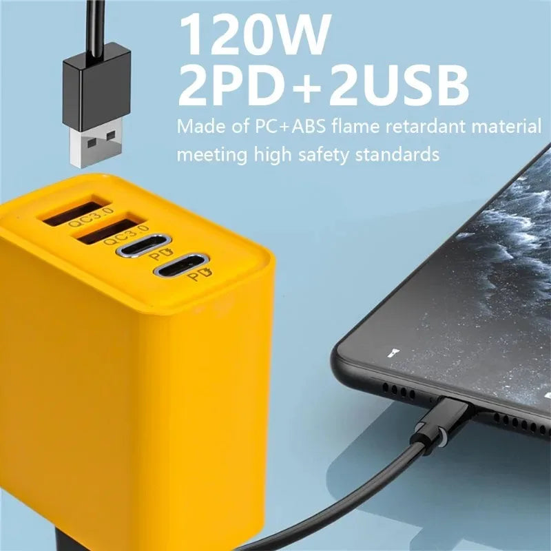 120W Fast Charging Wall Charger with 4 Ports USB-C & QC3.0 for Smartphones
