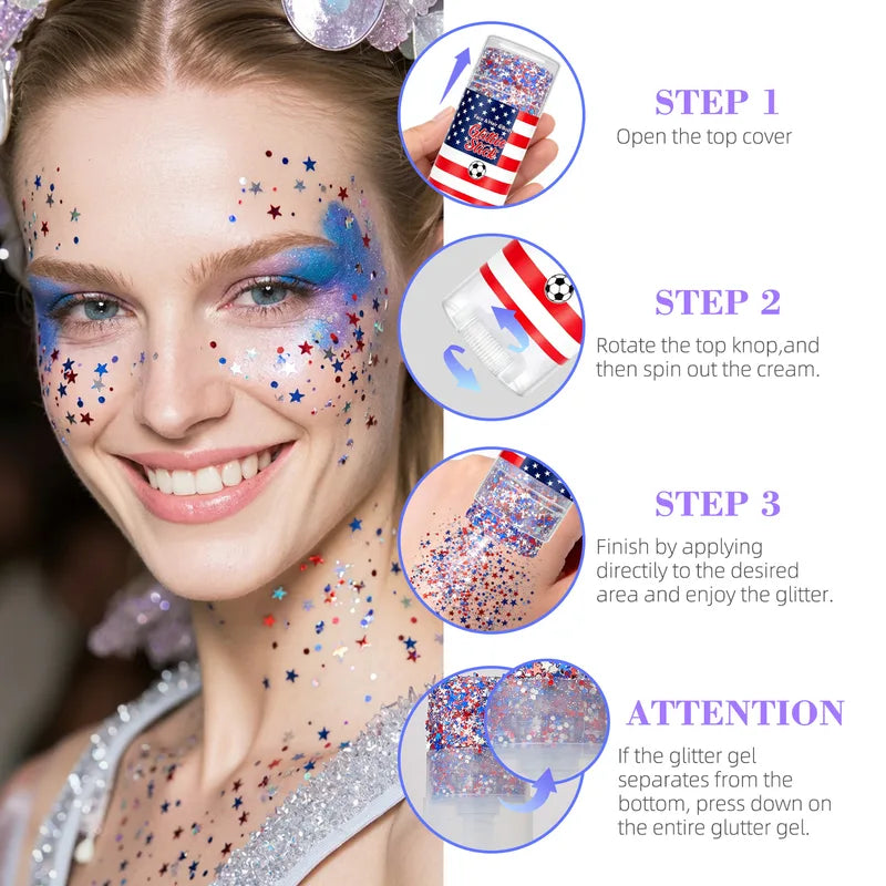 Waterproof Glitter Stick for Face Hair Body & Nails - Patriotic 4th of July Festival Makeup