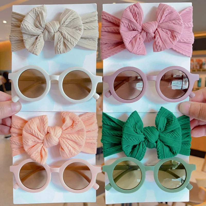 Children's Cotton Bowknot Hairbands & Round Sunglasses Set - Multiple Colors