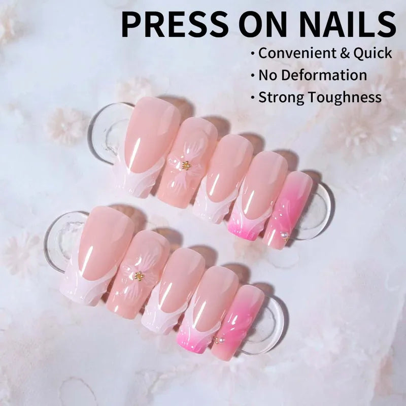 24Pcs Long Square 3D Gel Nail Art Set with Pearl Decor for French Acrylic Press-On Nails