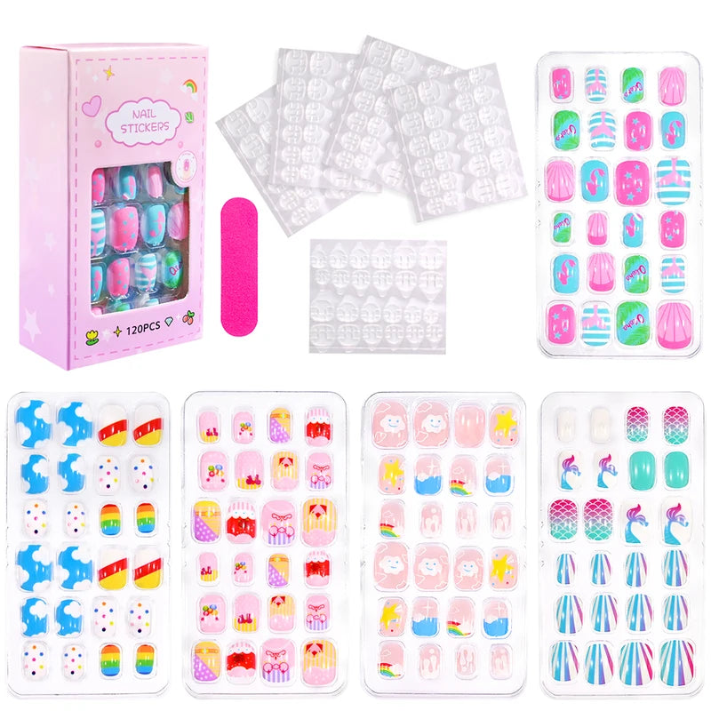 Cartoon Girl Fake Nail Tips Set for Kids - Princess, Cat, Rabbit, Unicorn Press-On Manicure