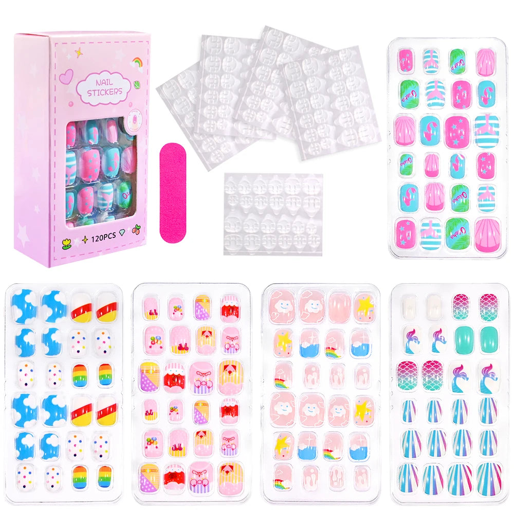 Cartoon Girl Fake Nail Tips Set for Kids - Princess, Cat, Rabbit, Unicorn Press-On Manicure