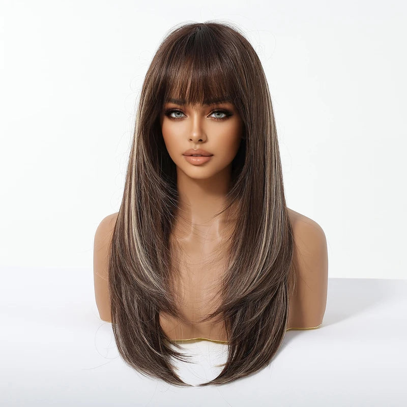 Long Synthetic Wigs with Layered Straight Hair and Highlighted Style - Unisex Daily Wear