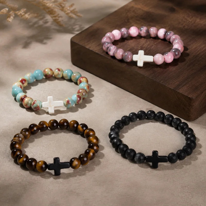 Unisex Natural Stone Beaded Prayer & Meditation Bracelet with Cross