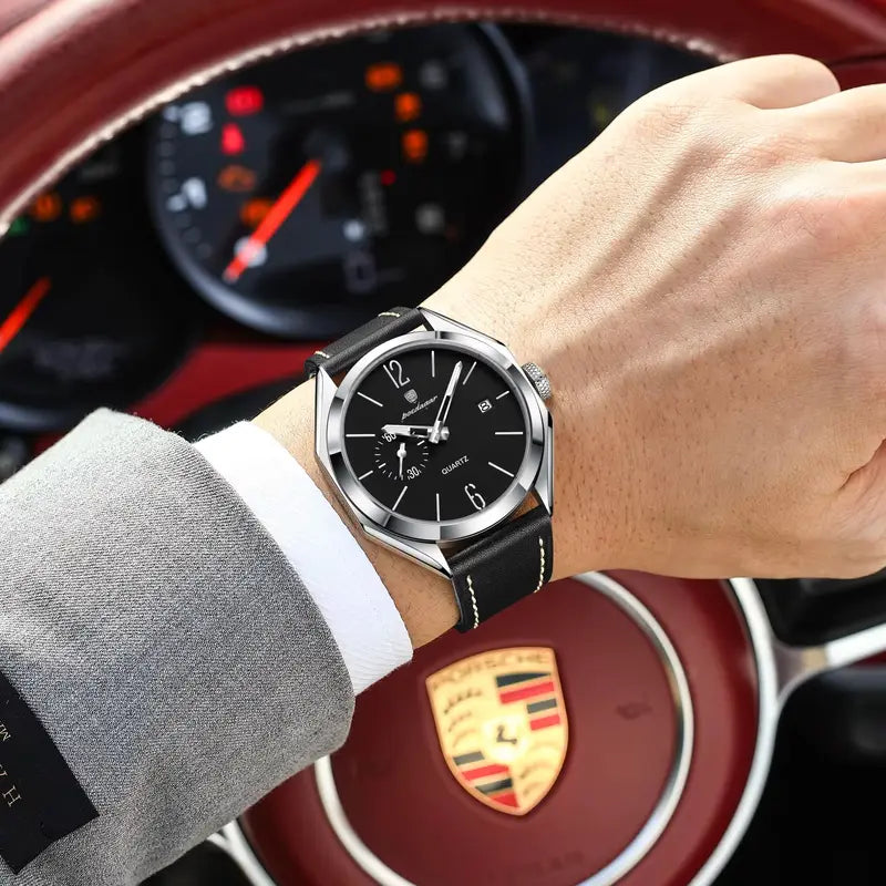 Men's Waterproof Leather Quartz Watch with Luminous Dial and Date Function