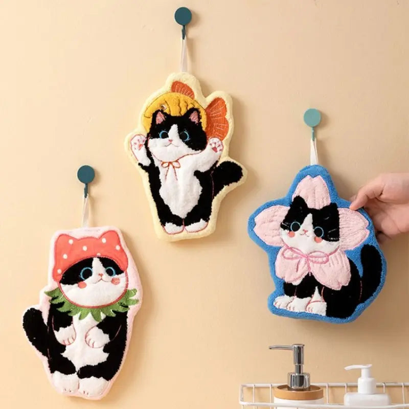 Cute Cat Hand Towel Coral Fleece Absorbent Bathroom Kitchen Washcloth