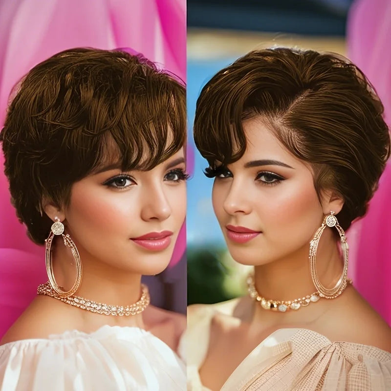 13x4 Lace Front Human Hair Wig Short Pixie Cut with Bangs & Natural Wave