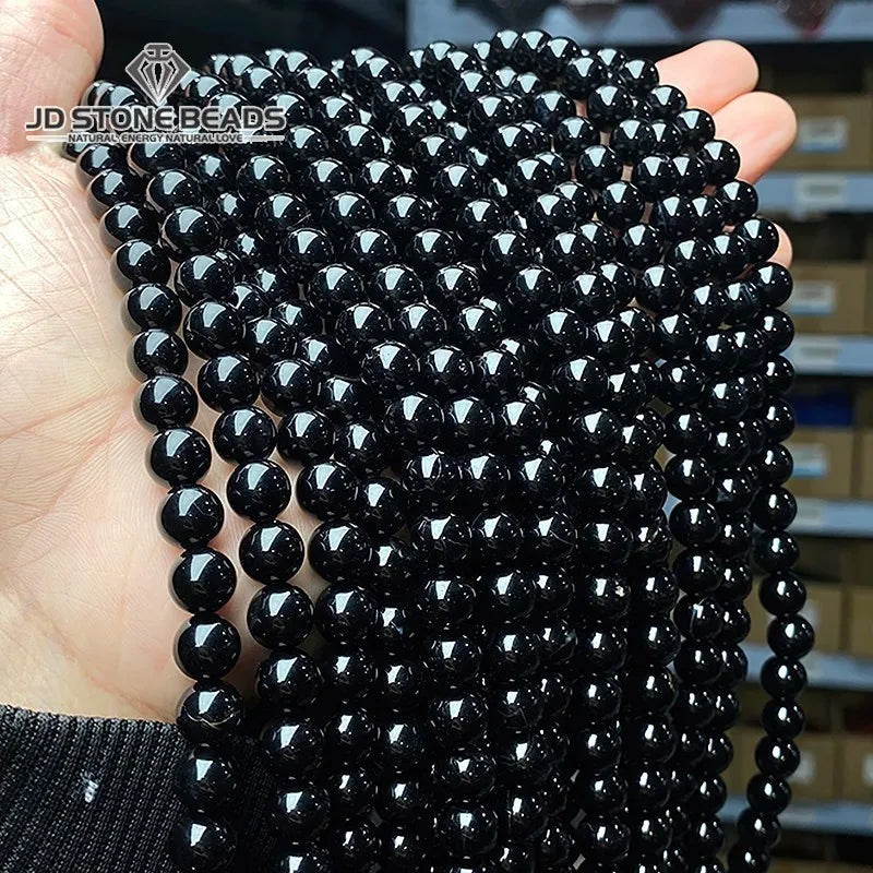 Natural Black Agate Stone Beads - Round Spacer Jewelry Making Supplies