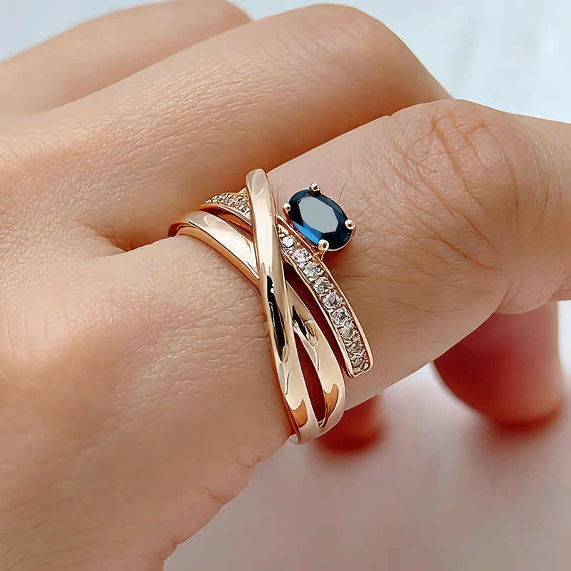 Unisex Rose Gold Cross Ring with Blue Zircon for Women Men Jewelry Gift