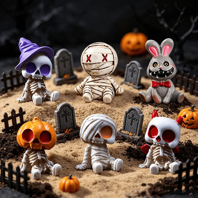 Halloween Miniature Resin Skeleton Mummy Figurine Set - Spooky Decor for Desk, Car & Garden