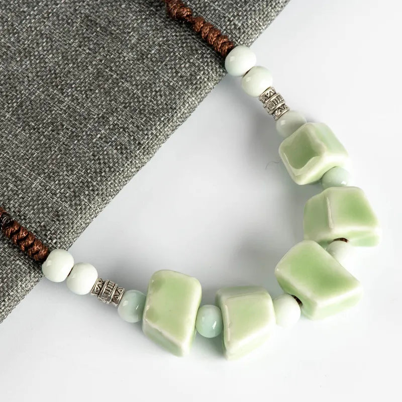 Colorful Irregular Shape Ceramic Beads Necklace Artware Antique Style for Women