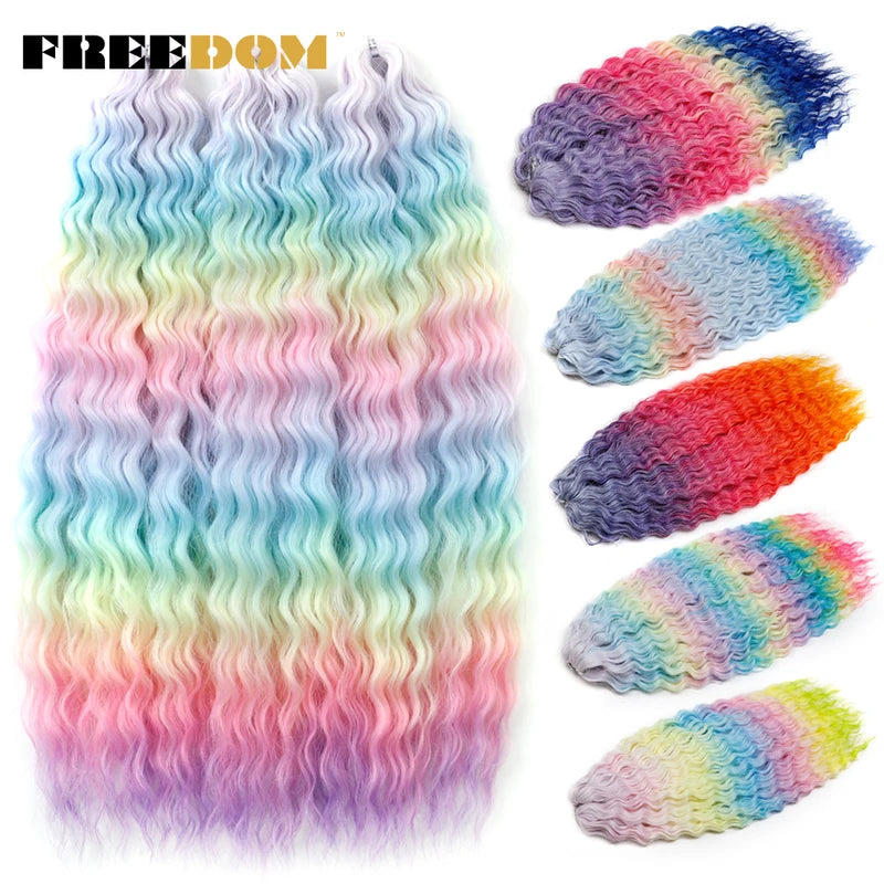 Synthetic Crochet Hair Extensions 22 Inch Water Wave Ombre Rainbow Curling Braiding