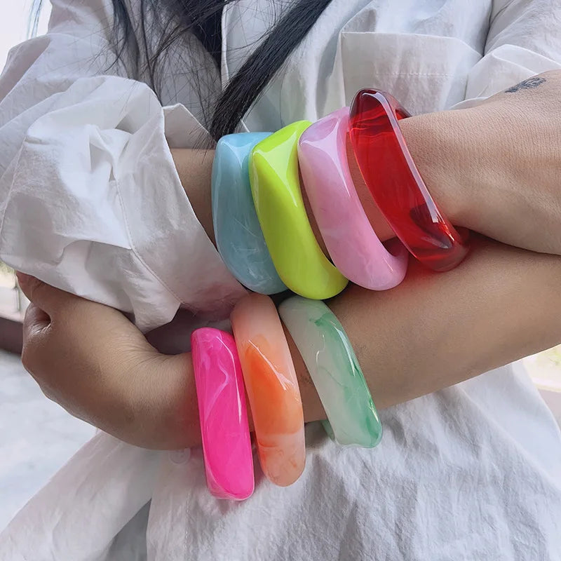 Exaggerated Big Irregular Square Acrylic Chunky Bangle for Women Summer Candy Color Resin Wide Bracelet