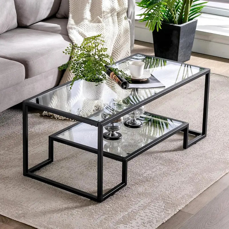 Glass 3-Piece Coffee Table Set with Tempered Top & Black Metal Frame, Storage Shelf, Modern Living Room Furniture