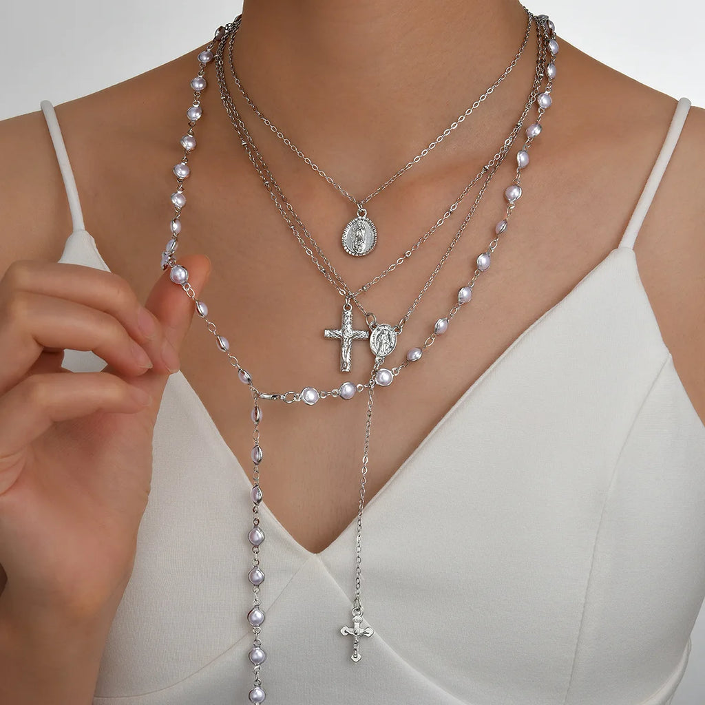 Boho Multi Layer Pearl Necklace Set for Women with Cross Pendant | Hip Hop Jewelry