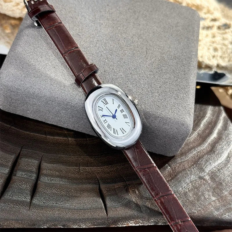 Oval Fashion Quartz Watch with Imitation Leather Strap - Compact Casual Style