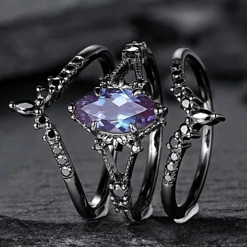 Vintage Black Geometric Zircon Women's Ring Set - Engagement Party Jewelry