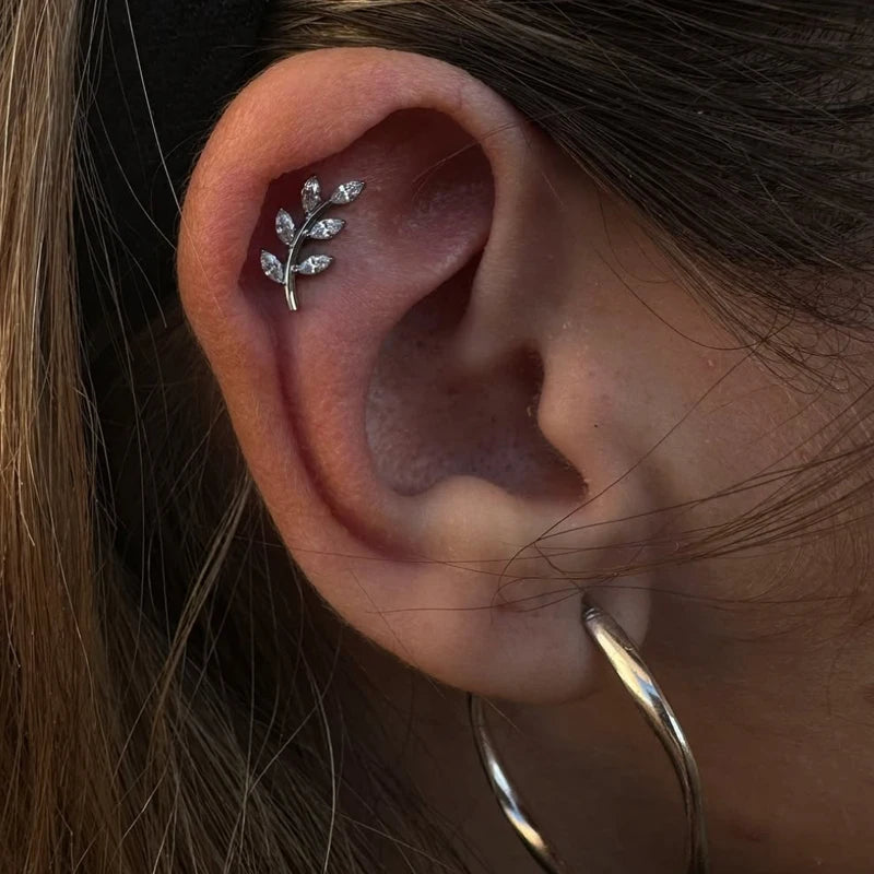 Marquise Zircon Leaf Piercing Stud 16G Titanium Earring for Tragus Conch Helix