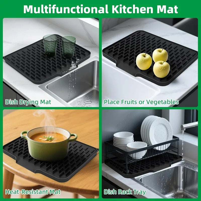 Silicone Kitchen Drain Mat with Built-In Drainage - Easy Clean Countertop Sink Home Accessory