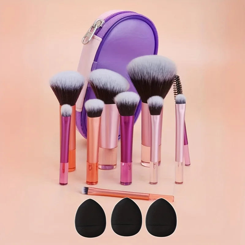 Mini Makeup Brush Set with Travel Size Puffs - Soft Bristles for Face & Eye Makeup