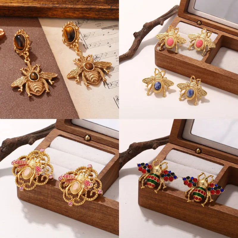 Vintage Bee Insect Stud Earrings for Women - Gold Tone Statement Jewelry Various Styles