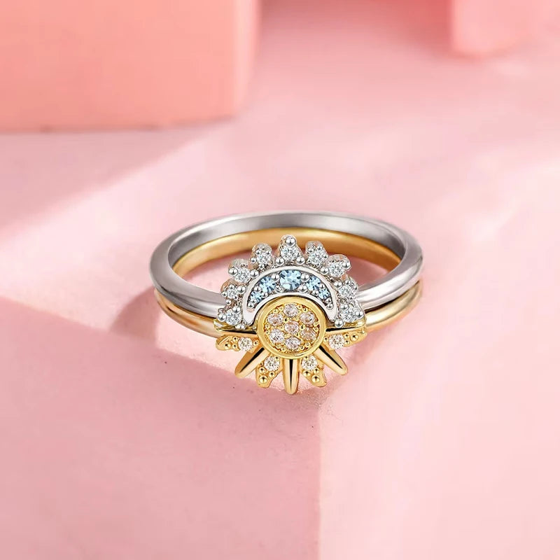Sun and Moon Couple Ring Set Sterling Silver with Cubic Zirconia for Valentines Day